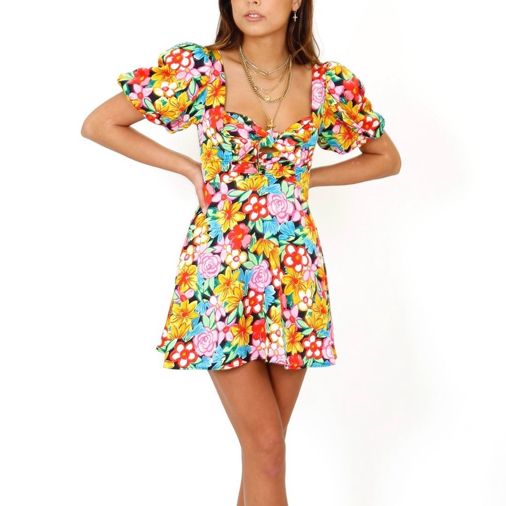 For Love & Lemons Mallory Mini Puff Sleeve Floral Dress S